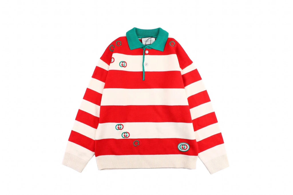 Gucci 19Fw Polo Collar Logo Embroidered Striped Sweater