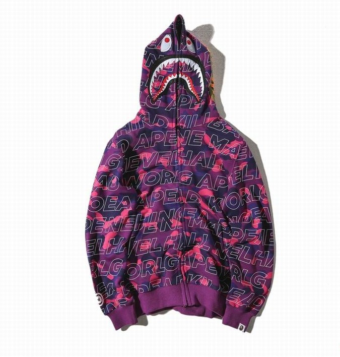Bape Shark Letter Zipper Hoodie Purple Camo