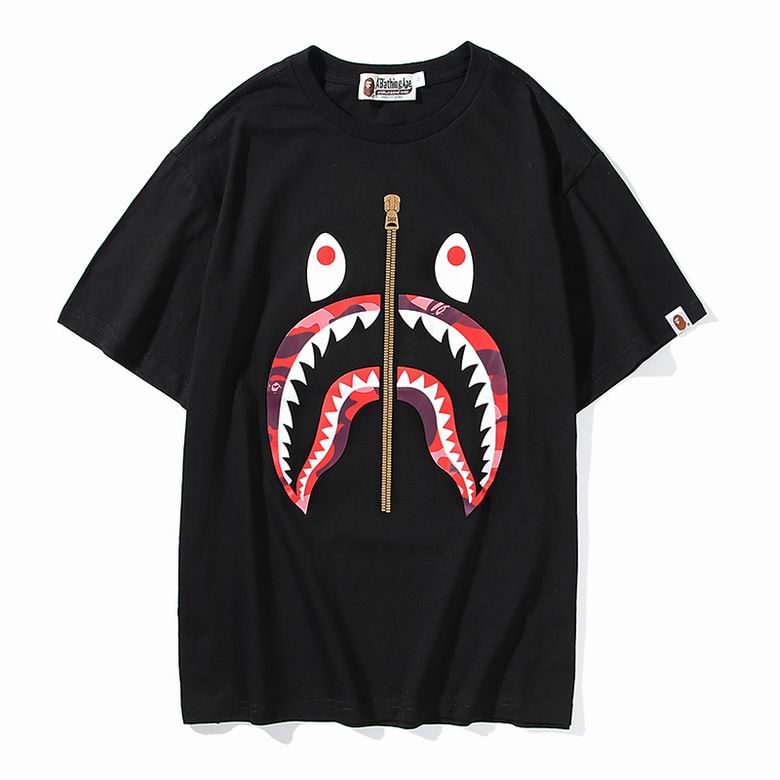 Bape  Front Red Camo Shark Zipper Logo Print Tee Black