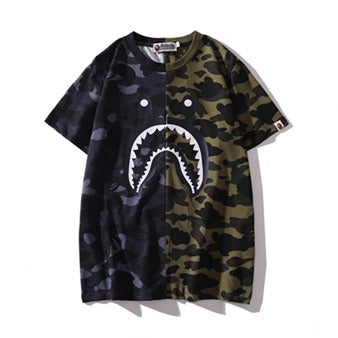 Bape Shark Black And Green Camo Tee