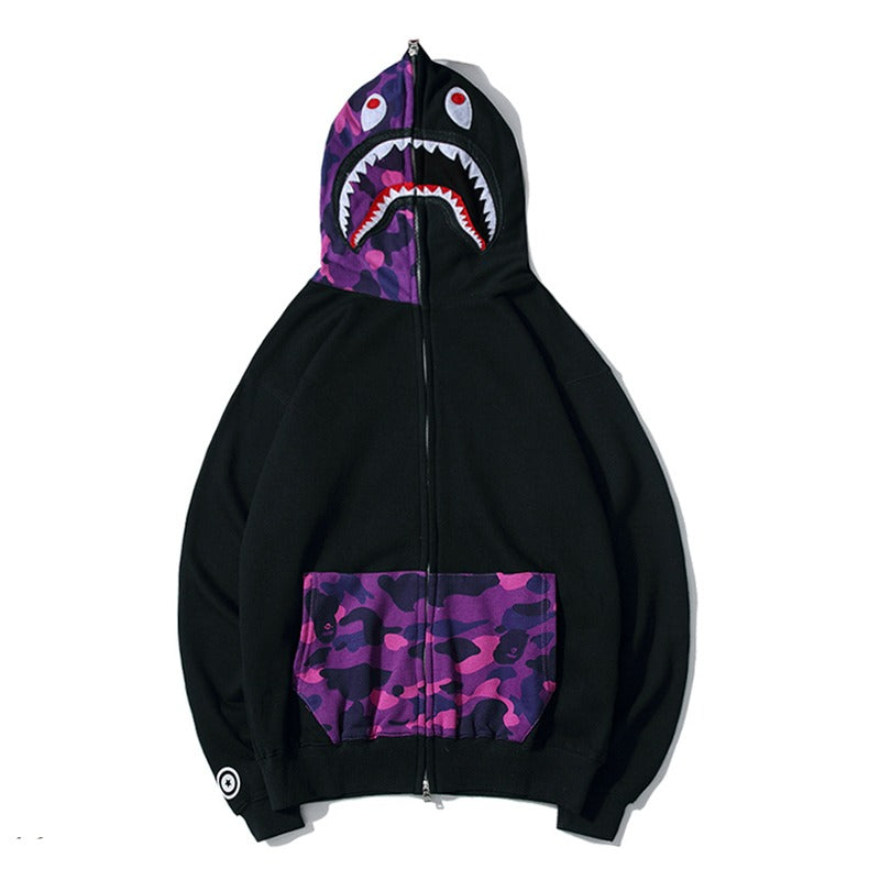 Bape Shark Zipper Black Purple Camo Pocket Hoodie