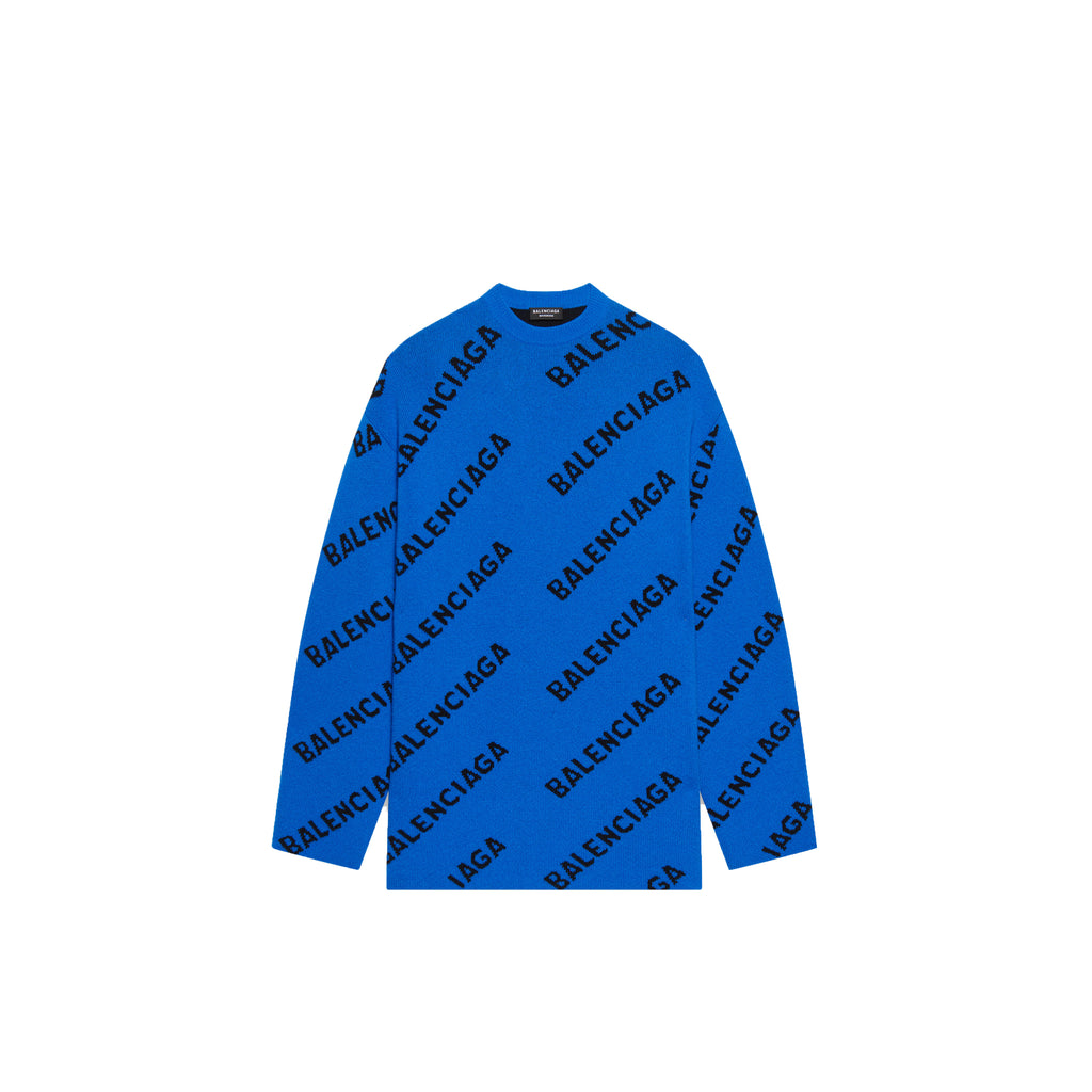 Balenciaga Men's Allover Logo Sweater In Blue